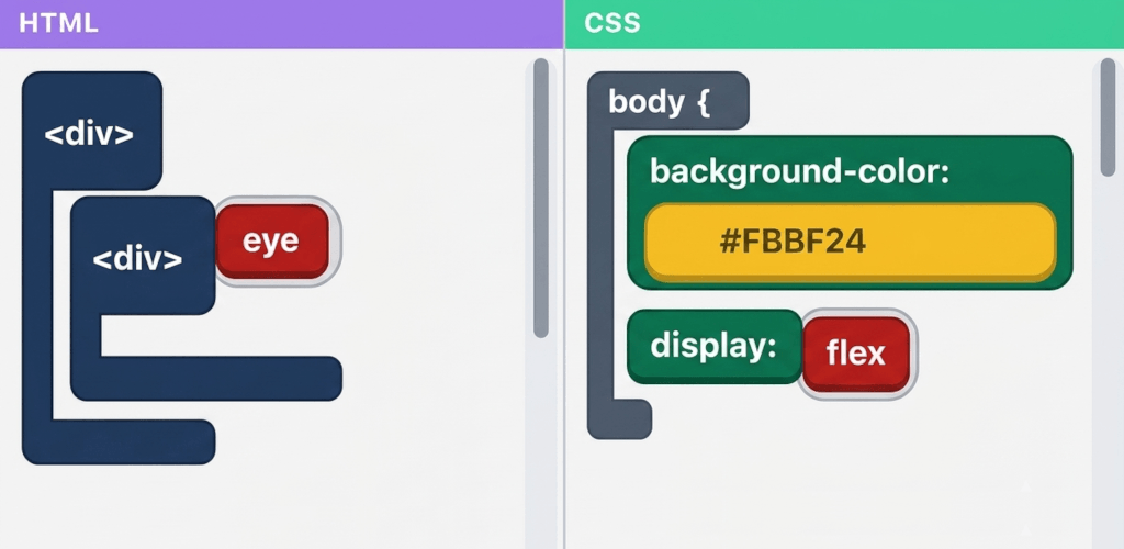 The Code for Real block editor: HTML and CSS panels built from drag-and-drop blocks